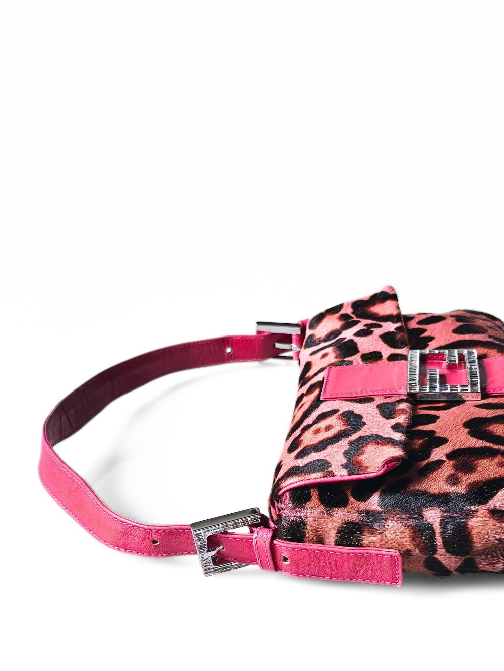 Fendi Baguette Vintage Pink Leopard Pony Hair Crystal Buckle Detail - Picture 9 of 16